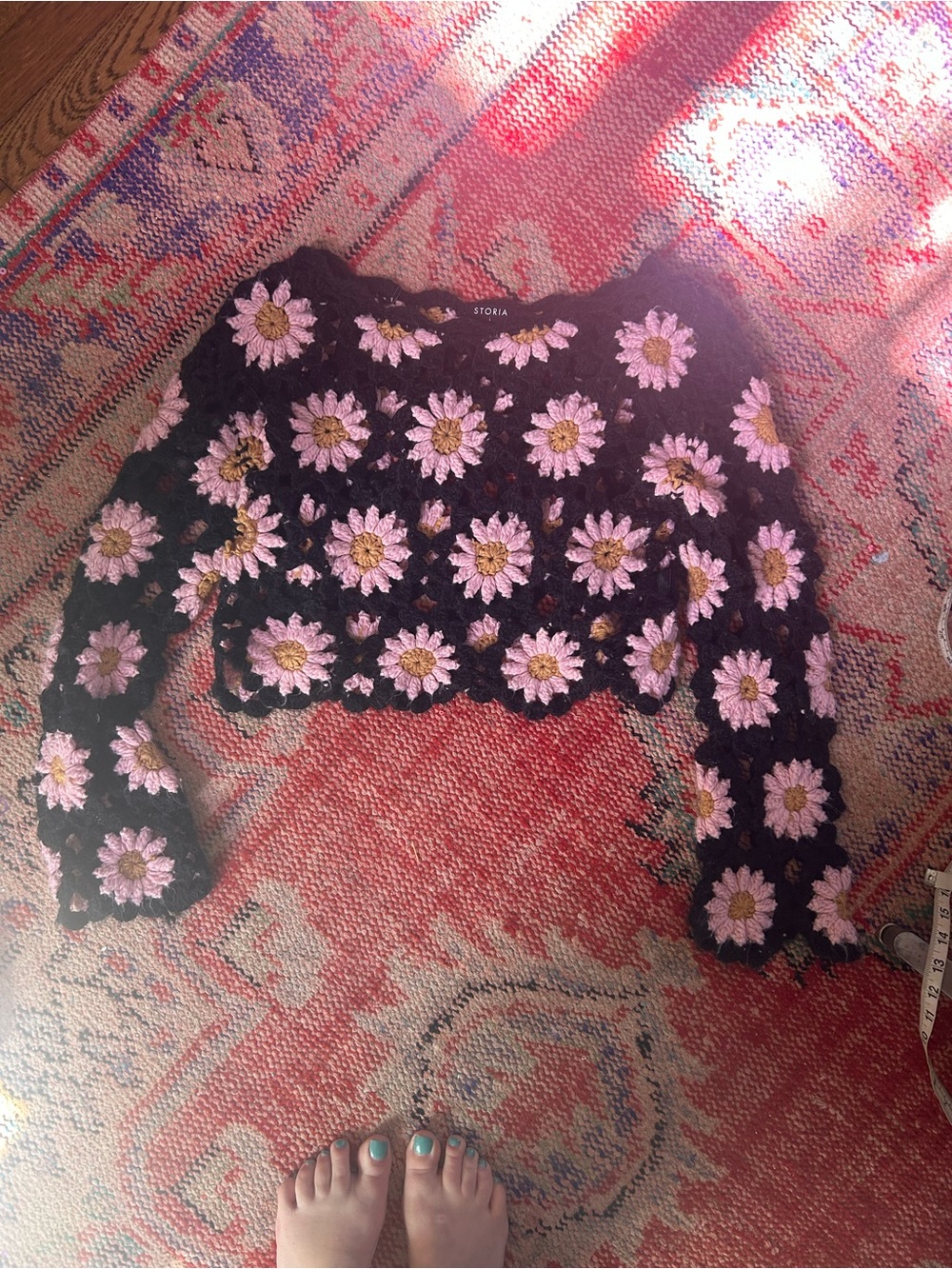Storia Black Crochet Crop Top with Pink Daisy Accents